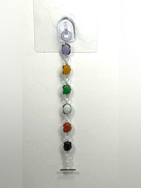 DAJ 925 Sterling Silver Rhodium Plated Multi Jade Oval Station Bracelet